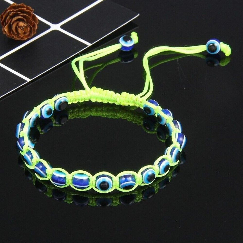 Green & Blue Beaded 'Evil Eye' Adjustable Bangle Cuff Bracelet • Anklets